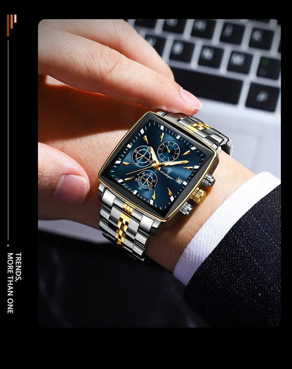Mandotos POEDAGAR men's square chronograph watch with luminous dial, waterproof stainless steel case, quartz movement, and black strap