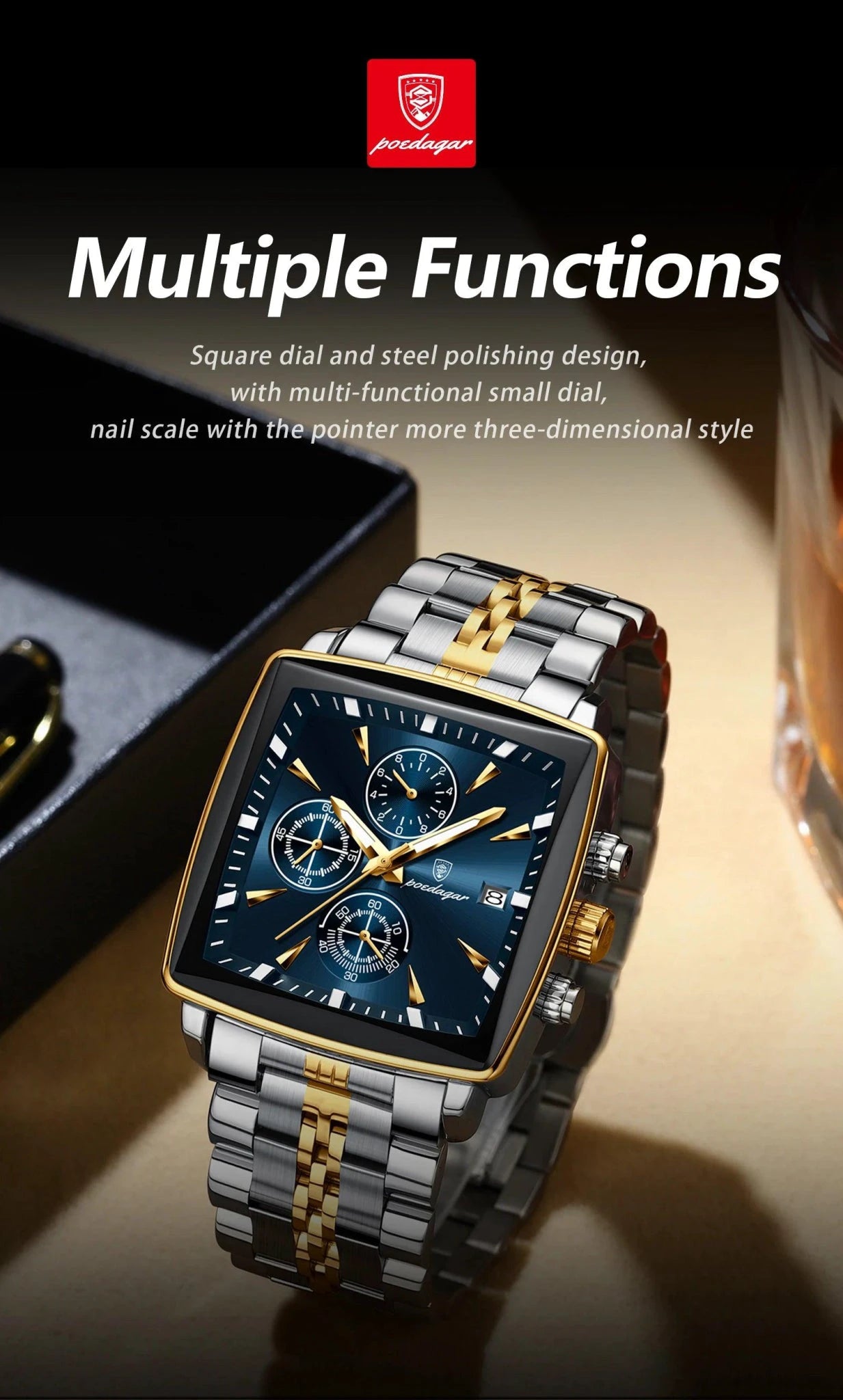 Mandotos POEDAGAR men's square chronograph watch with luminous dial, waterproof stainless steel case, and quartz movement.