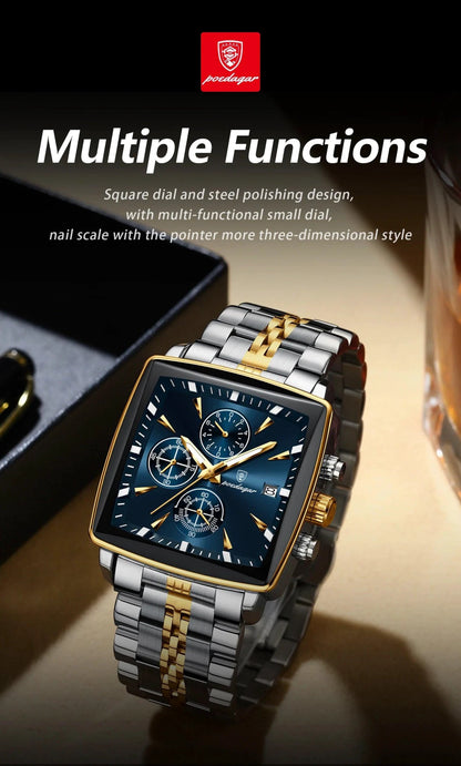 Mandotos POEDAGAR men's square chronograph watch with luminous dial, waterproof stainless steel case, and quartz movement.