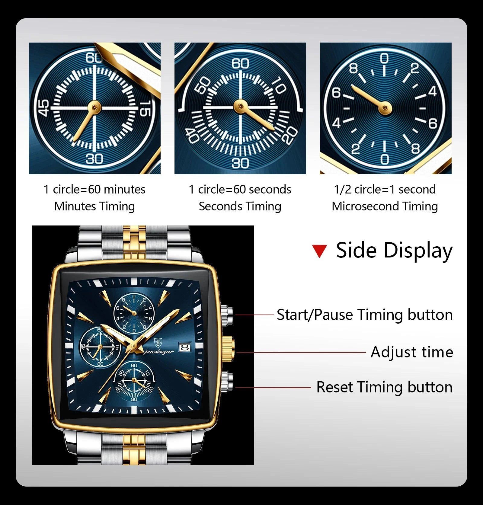 Mandotos POEDAGAR men's square chronograph watch with luminous display, waterproof stainless steel case, and quartz movement.