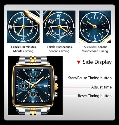 Mandotos POEDAGAR men's square chronograph watch with luminous display, waterproof stainless steel case, and quartz movement.