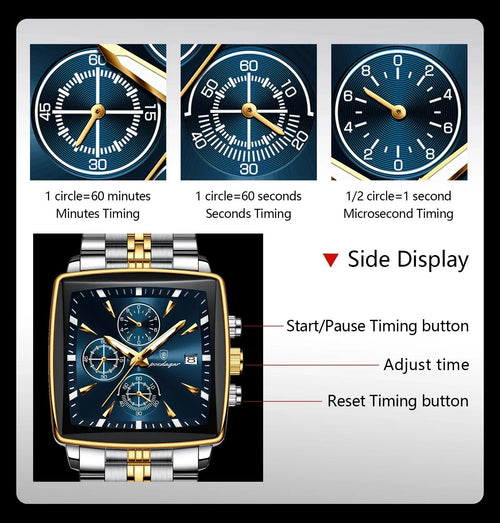 Mandotos POEDAGAR men's square chronograph watch with luminous display, waterproof stainless steel case, and quartz movement.