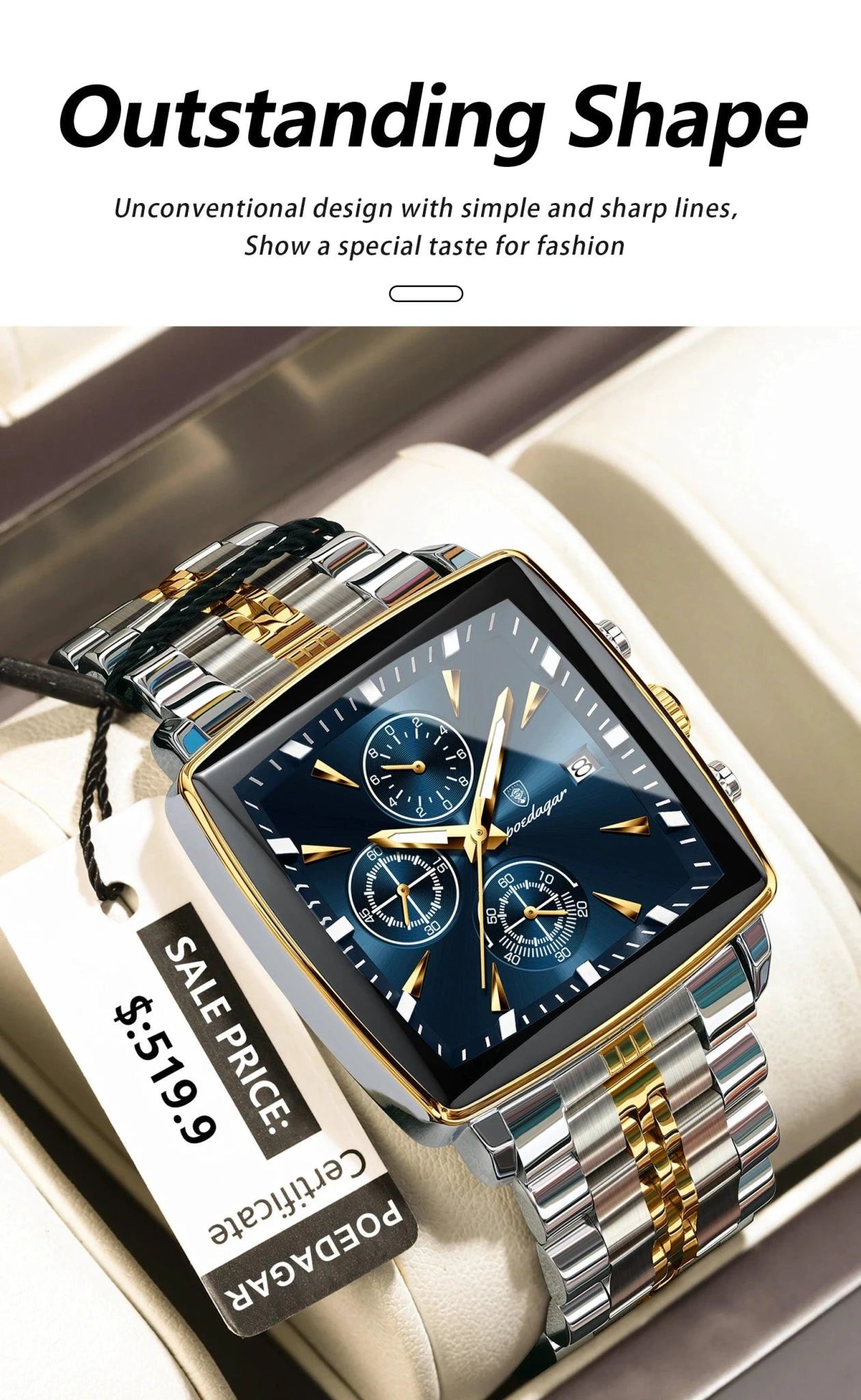 Mandotos POEDAGAR men's square chronograph watch with luminous dial, waterproof stainless steel case, and quartz movement.