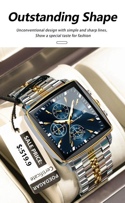 Mandotos POEDAGAR men's square chronograph watch with luminous dial, waterproof stainless steel case, and quartz movement.