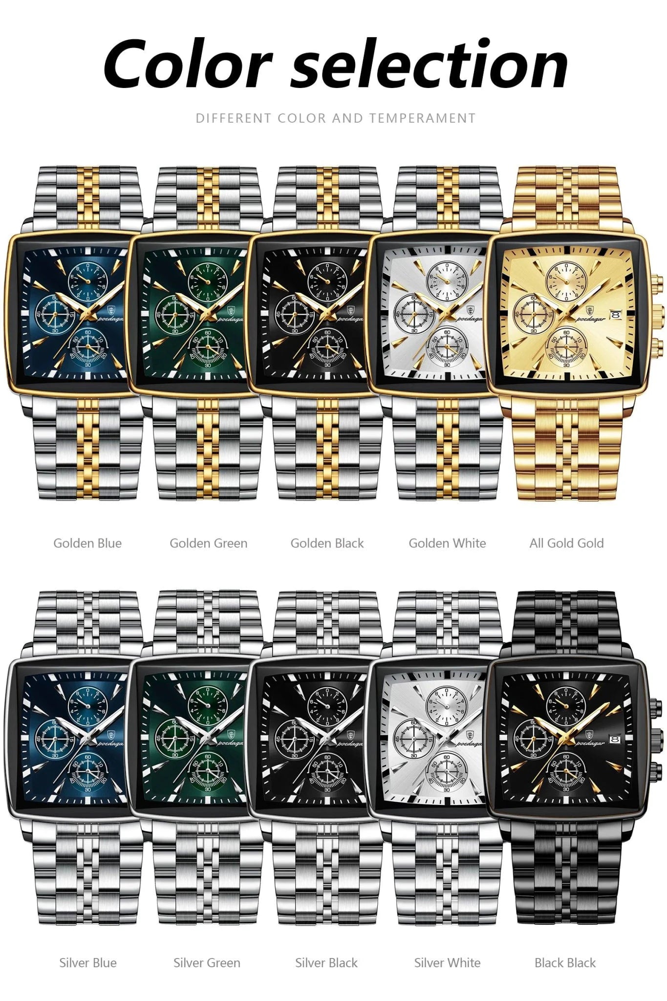 Mandotos POEDAGAR men's square chronograph watch with luminous dial, waterproof stainless steel case, and quartz movement.