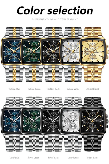 Mandotos POEDAGAR men's square chronograph watch with luminous dial, waterproof stainless steel case, and quartz movement.