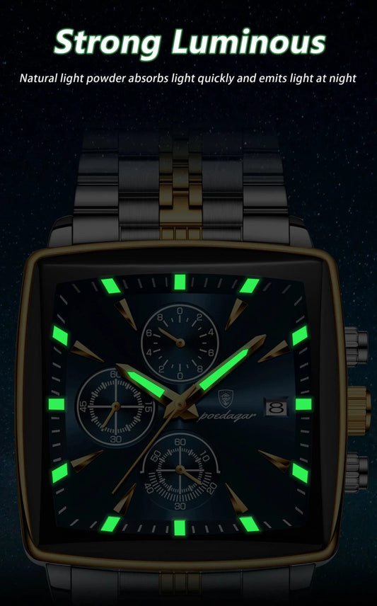 Mandotos POEDAGAR men's square chronograph watch with luminous dial, waterproof stainless steel case, and quartz movement.