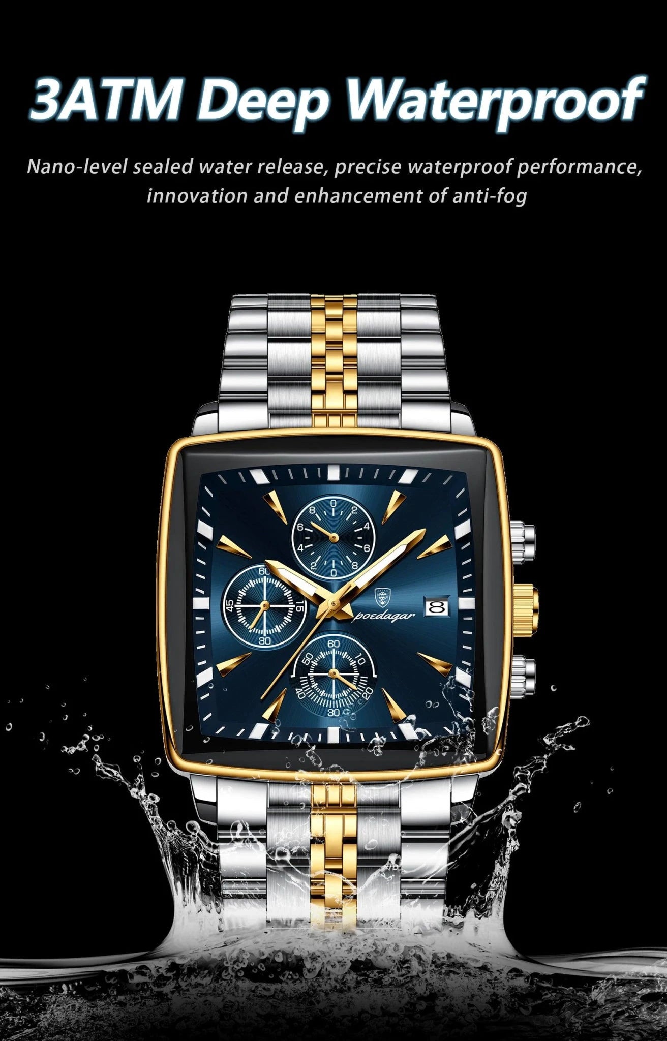 Mandotos POEDAGAR men's square chronograph watch with luminous dial, waterproof stainless steel case, and quartz movement.