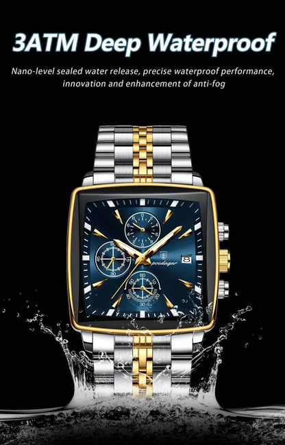 Mandotos POEDAGAR men's square chronograph watch with luminous dial, waterproof stainless steel case, and quartz movement.