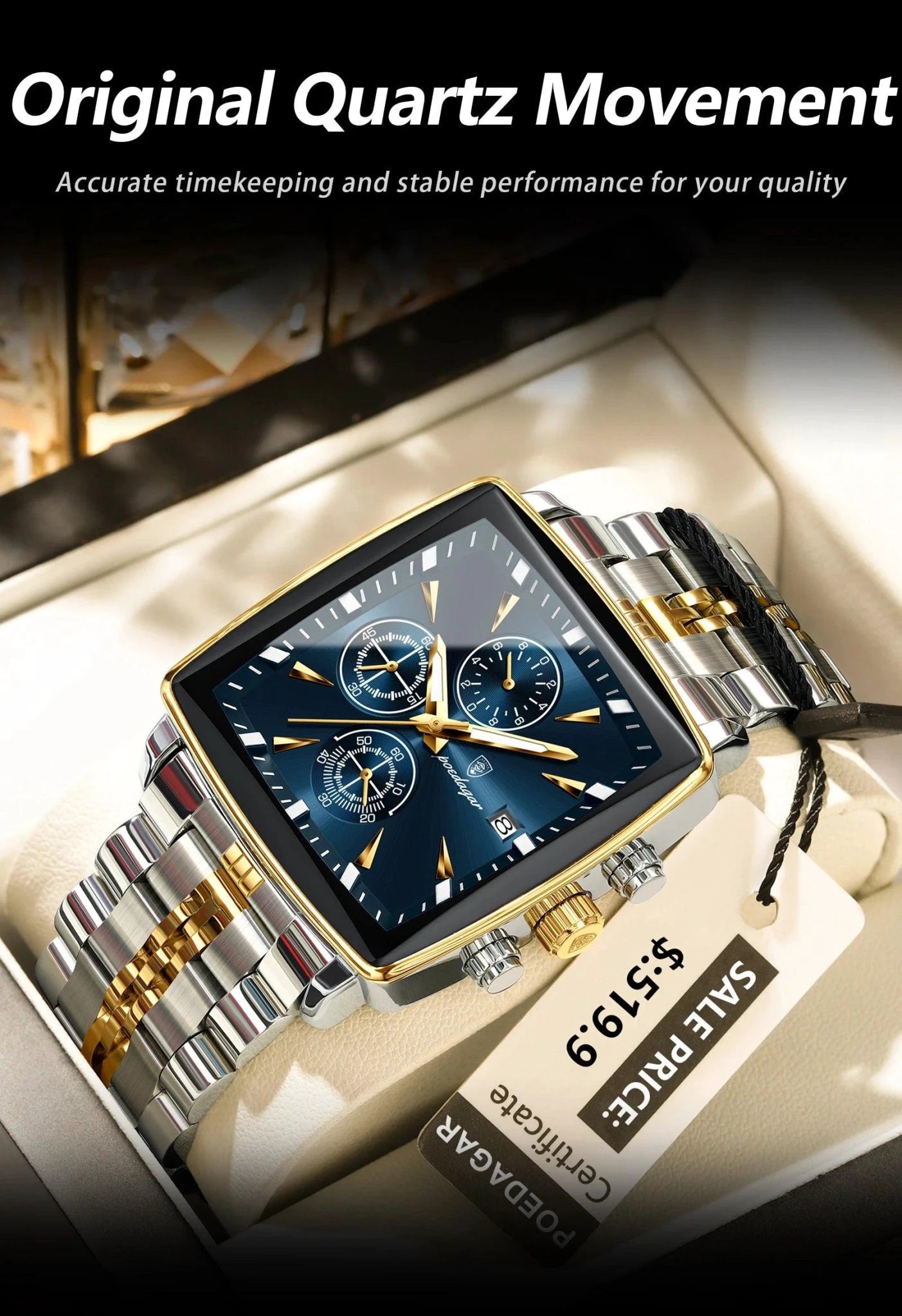 Mandotos POEDAGAR men's square chronograph watch with luminous dial, stainless steel case, waterproof design, quartz movement.