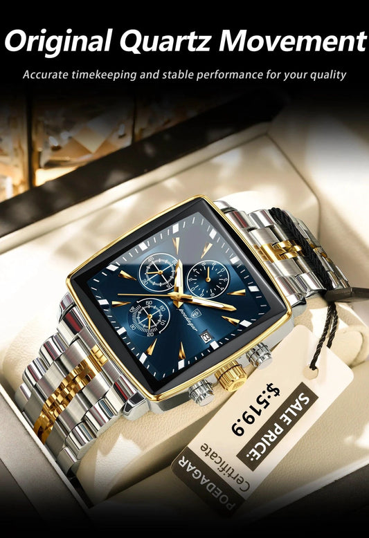 Mandotos POEDAGAR men's square chronograph watch with luminous dial, stainless steel case, waterproof design, quartz movement.