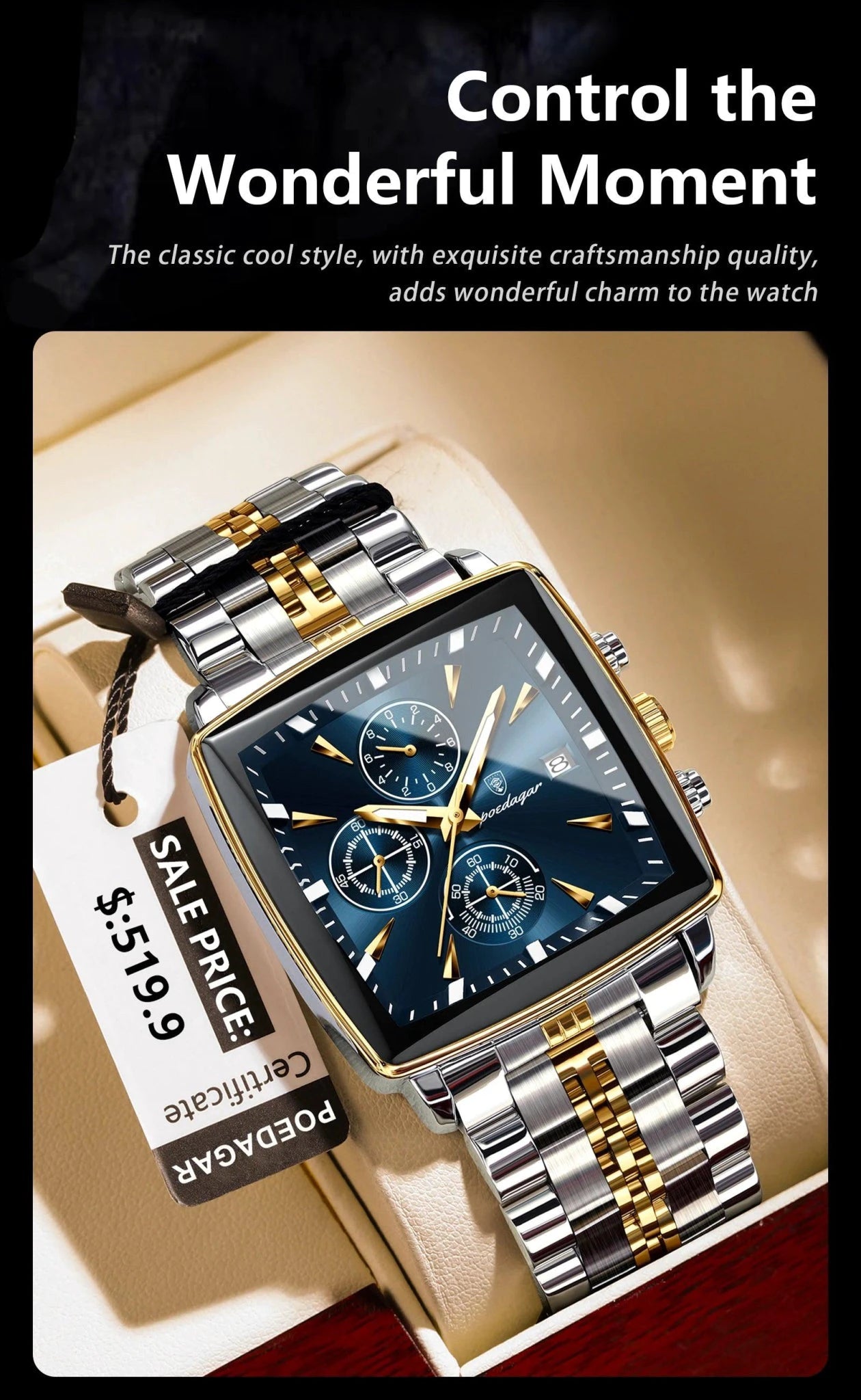 Mandotos POEDAGAR men's square chronograph watch with luminous dial, waterproof stainless steel case, quartz movement.