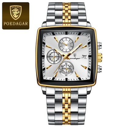 Mandotos POEDAGAR men's square chronograph watch with luminous dial, waterproof stainless steel case, and quartz movement.