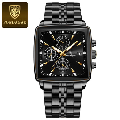 Mandotos POEDAGAR men's square chronograph watch with luminous dial, waterproof stainless steel case, and quartz movement.