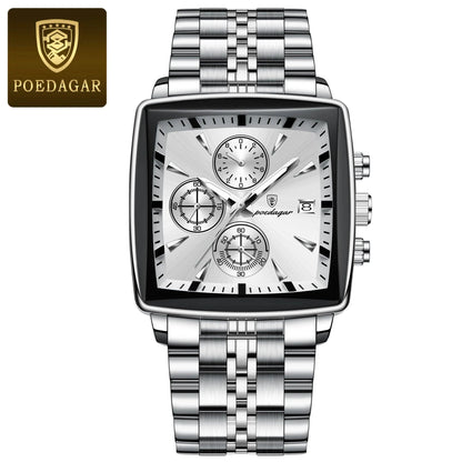 Mandotos POEDAGAR men's square chronograph watch with luminous dial, waterproof stainless steel case, and quartz movement.