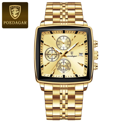 Mandotos POEDAGAR men's square chronograph watch with luminous dial, waterproof stainless steel case, and quartz movement.