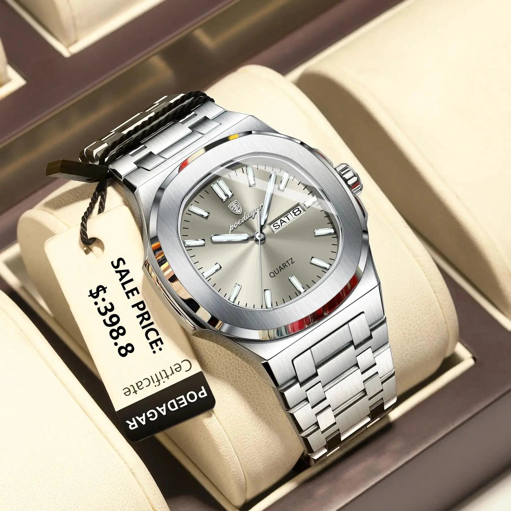 Mandotos POEDAGAR military square men's watch with stainless steel case, luminous dial, waterproof design, date and week display.