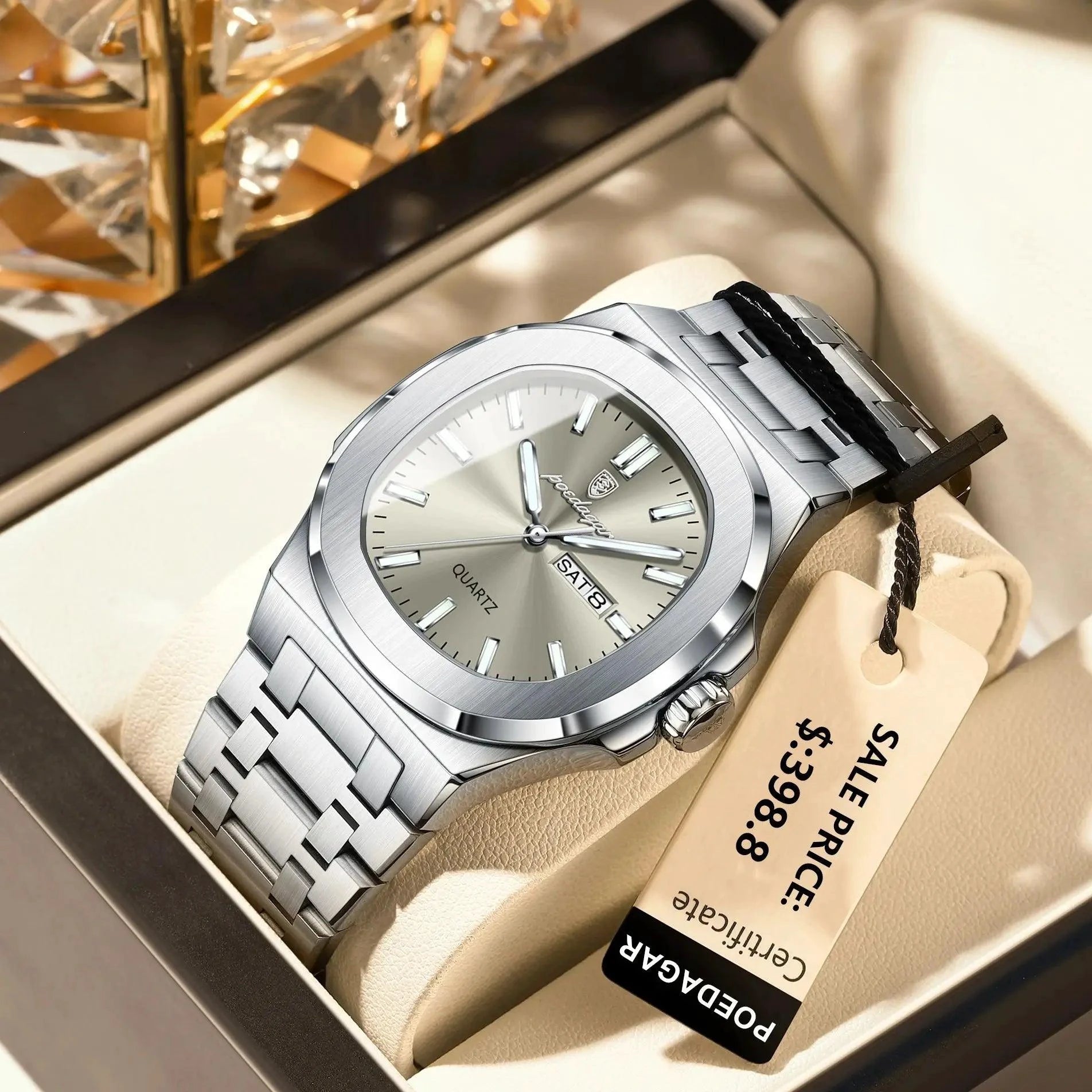 Mandotos POEDAGAR military square men's watch with stainless steel band, waterproof, luminous dial, date and week display, quartz movement.