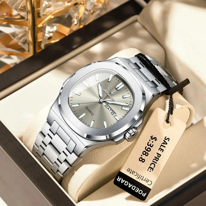 Mandotos POEDAGAR military square men's watch with stainless steel band, waterproof, luminous dial, date and week display, quartz movement.