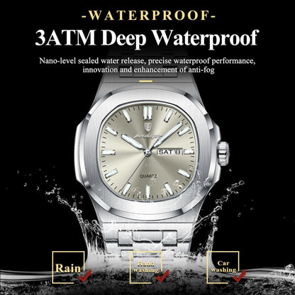 Mandotos POEDAGAR military square men's watch with stainless steel case, luminous dial, waterproof design, and date-week display.