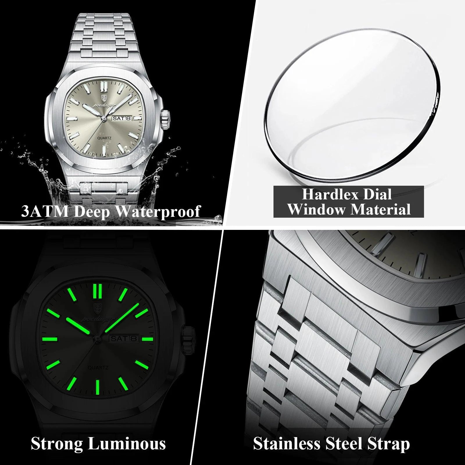 Mandotos POEDAGAR military square men's watch with stainless steel case, luminous dial, waterproof design, date and week display.