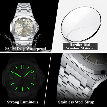 Mandotos POEDAGAR military square men's watch with stainless steel case, luminous dial, waterproof design, date and week display.