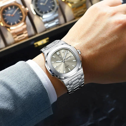 Mandotos POEDAGAR military square men's watch with stainless steel case, luminous dial, waterproof design, and date-week display.
