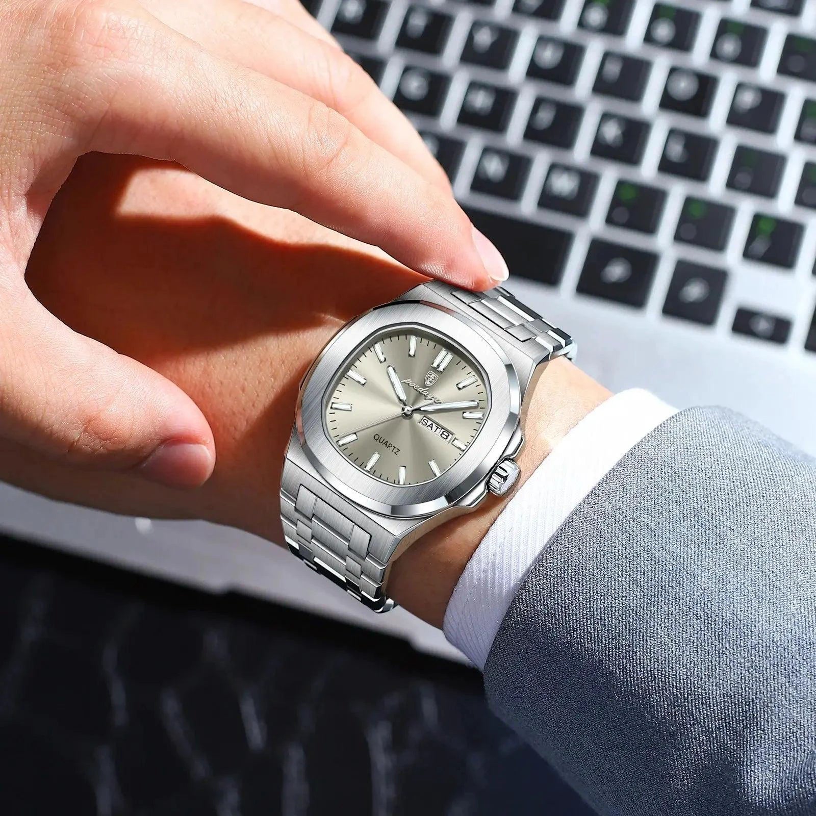 Mandotos POEDAGAR military square men's watch with stainless steel case, luminous dial, waterproof, date and week display, quartz movement