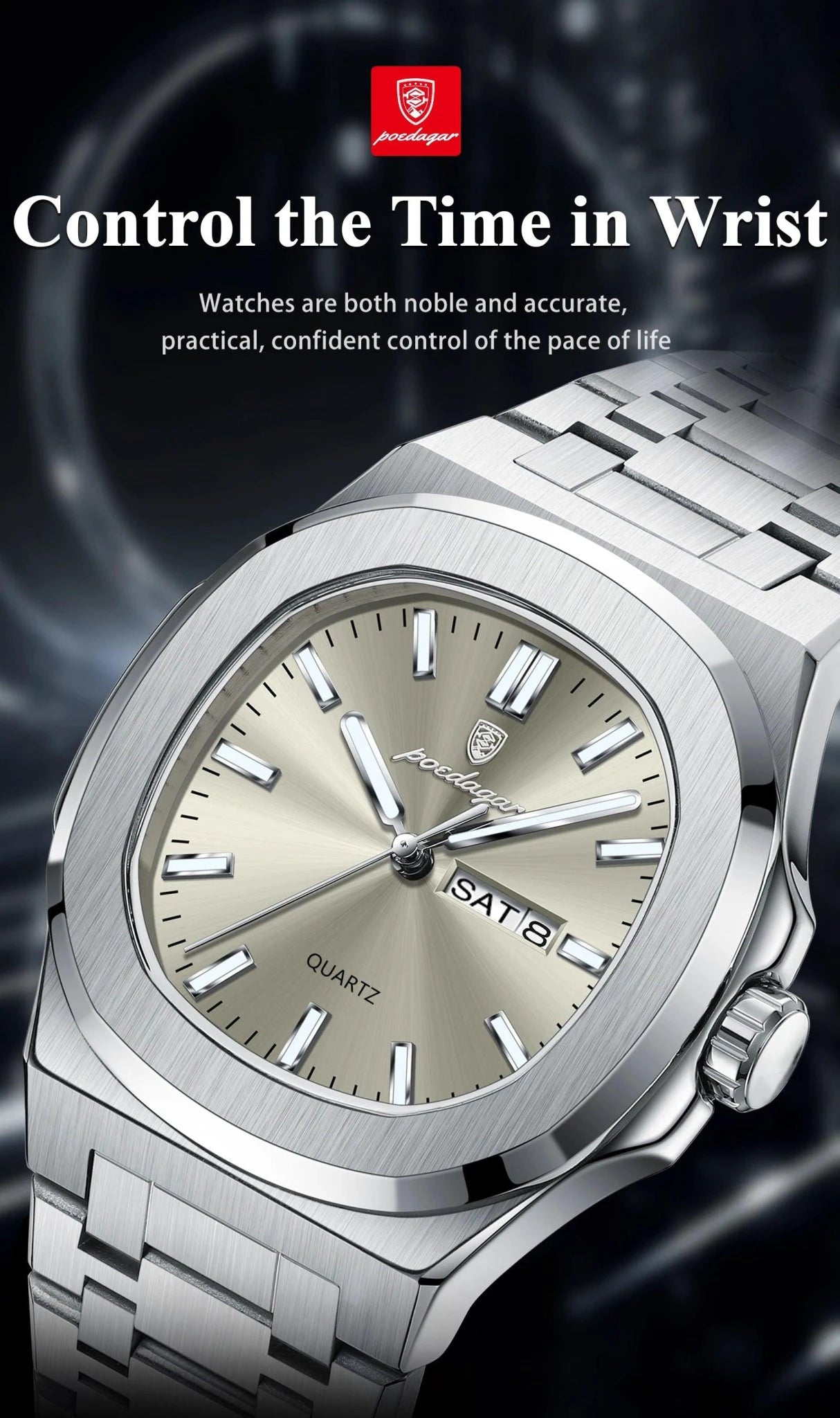 Mandotos POEDAGAR military square men's watch with stainless steel case, waterproof design, luminous dial, date, and week display.