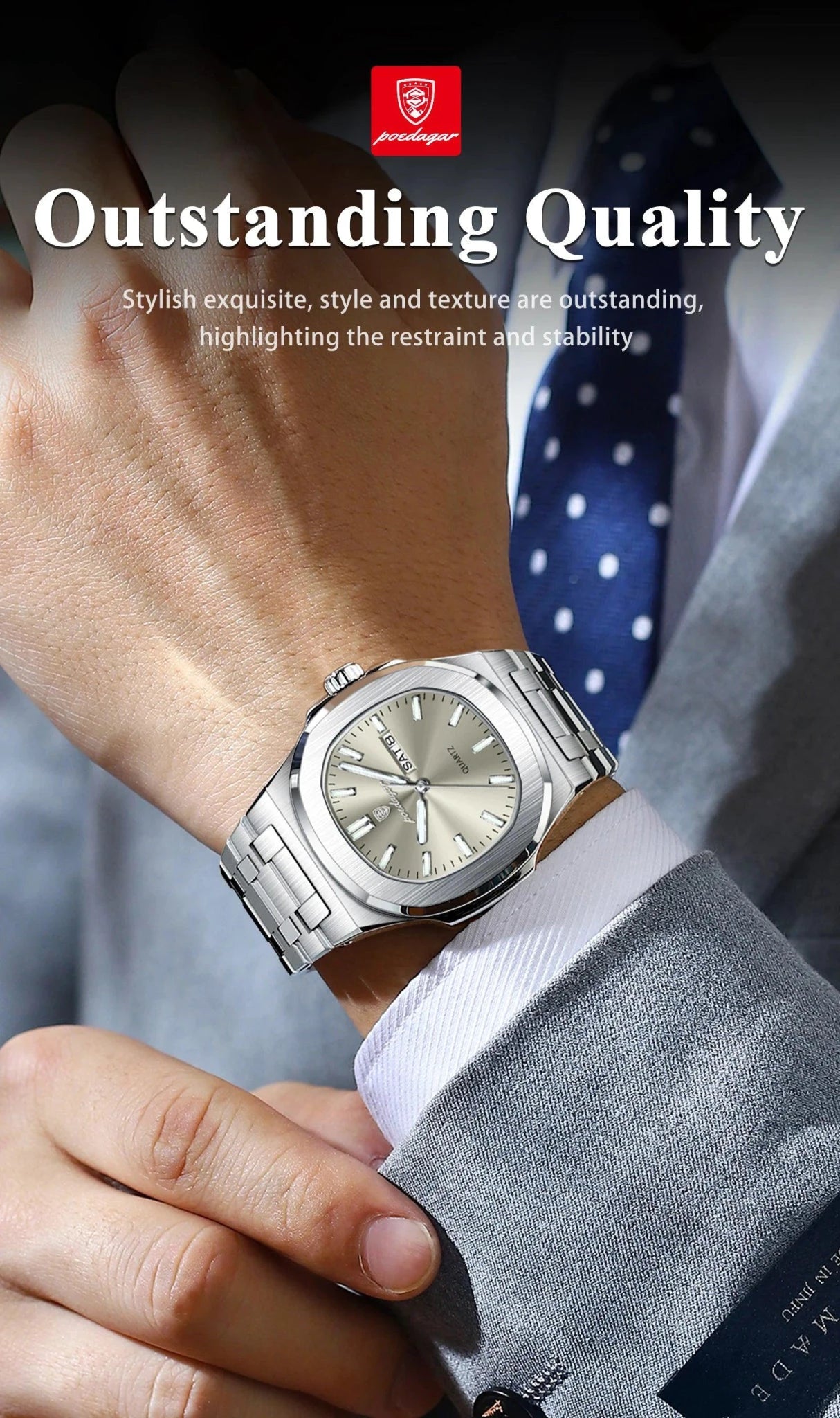 Mandotos POEDAGAR military square men's watch with stainless steel case, luminous dial, waterproof, date, and week display.