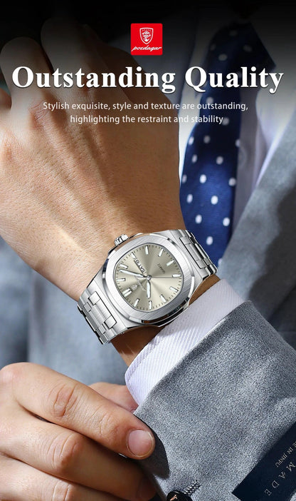 Mandotos POEDAGAR military square men's watch with stainless steel case, luminous dial, waterproof, date, and week display.