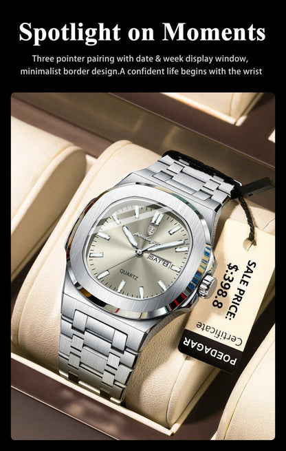 Mandotos POEDAGAR military square men's watch with stainless steel case, waterproof design, luminous dial, and date and week display.