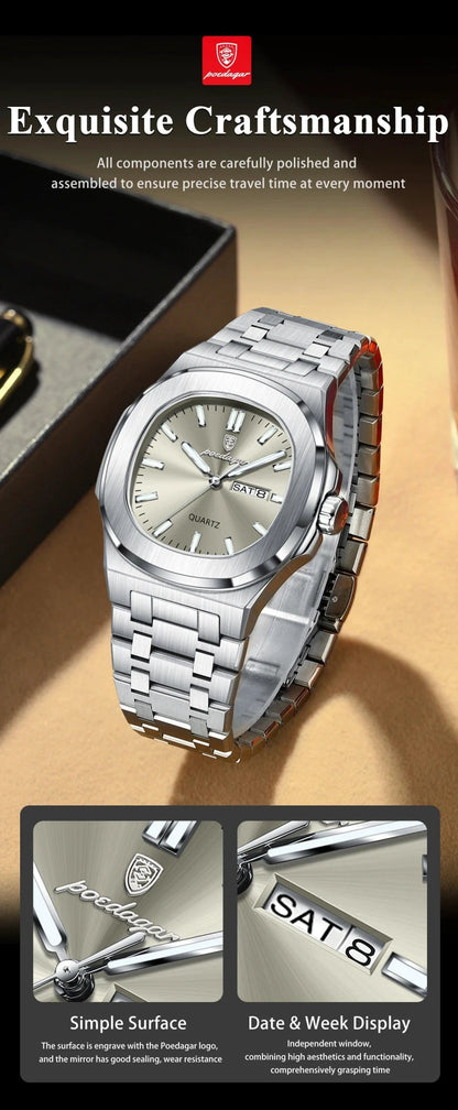 Mandotos POEDAGAR men's military square watch with stainless steel case, luminous dial, waterproof design, date and week display