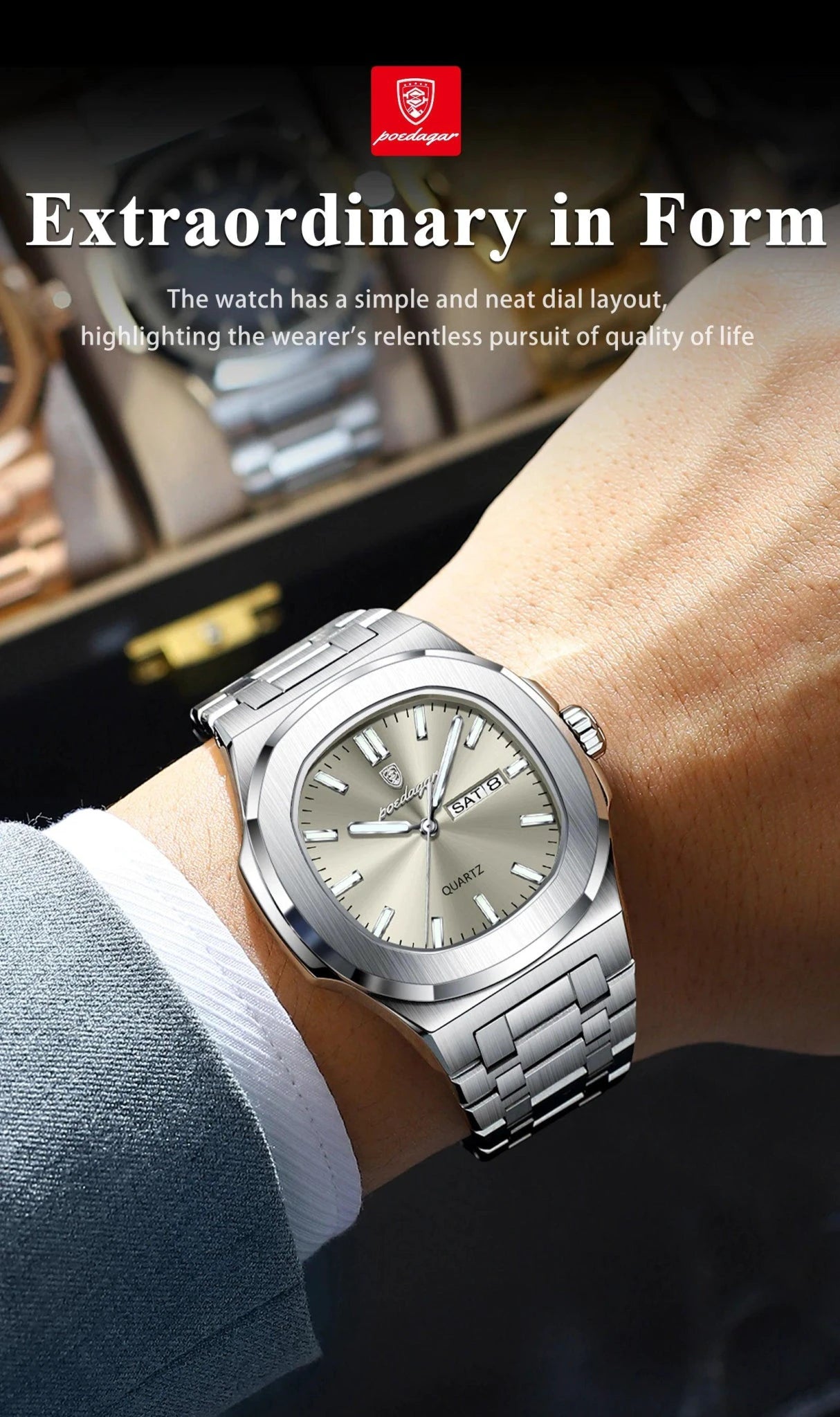 Mandotos POEDAGAR men's military square watch with stainless steel case, luminous dial, waterproof design, date and week display.