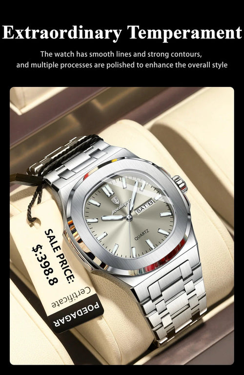Mandotos POEDAGAR military square men's watch with stainless steel case, luminous dial, waterproof, date and week display, quartz movement.