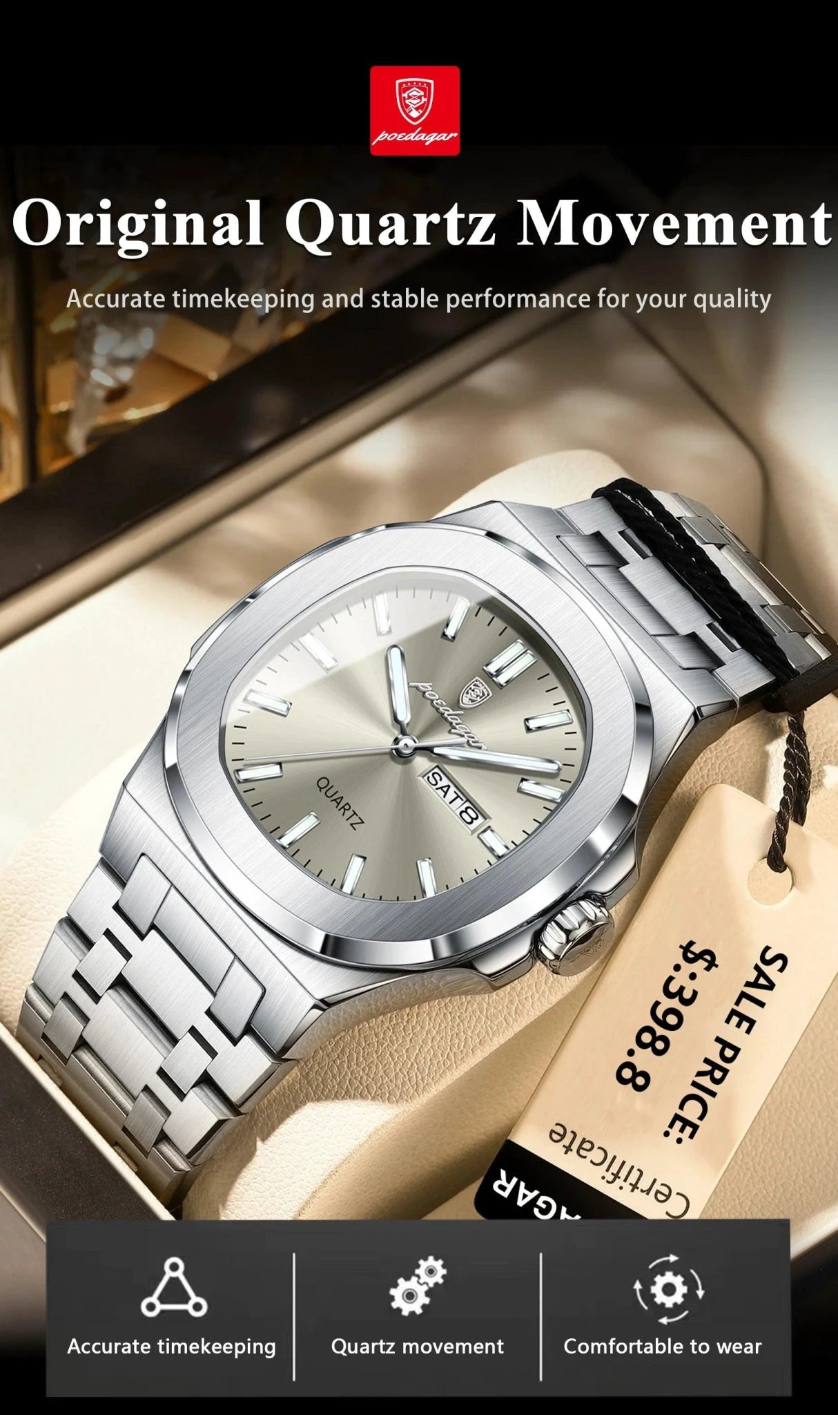 Mandotos POEDAGAR military square men's watch with stainless steel case, waterproof, luminous dial, date, and week display.