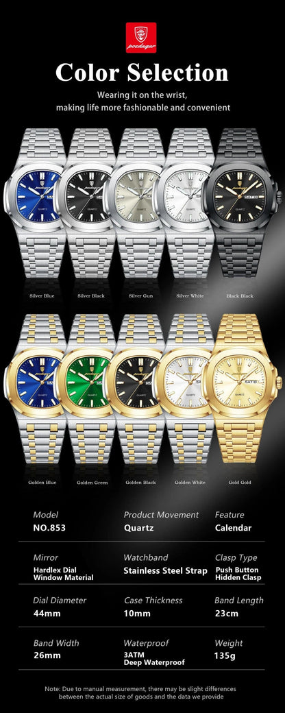 Mandotos POEDAGAR military square men's watch with stainless steel case, luminous dial, waterproof, date, and week display.