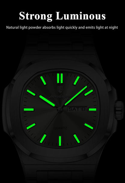 Mandotos POEDAGAR military square men's watch with stainless steel strap, waterproof, luminous dial, and date and week display.