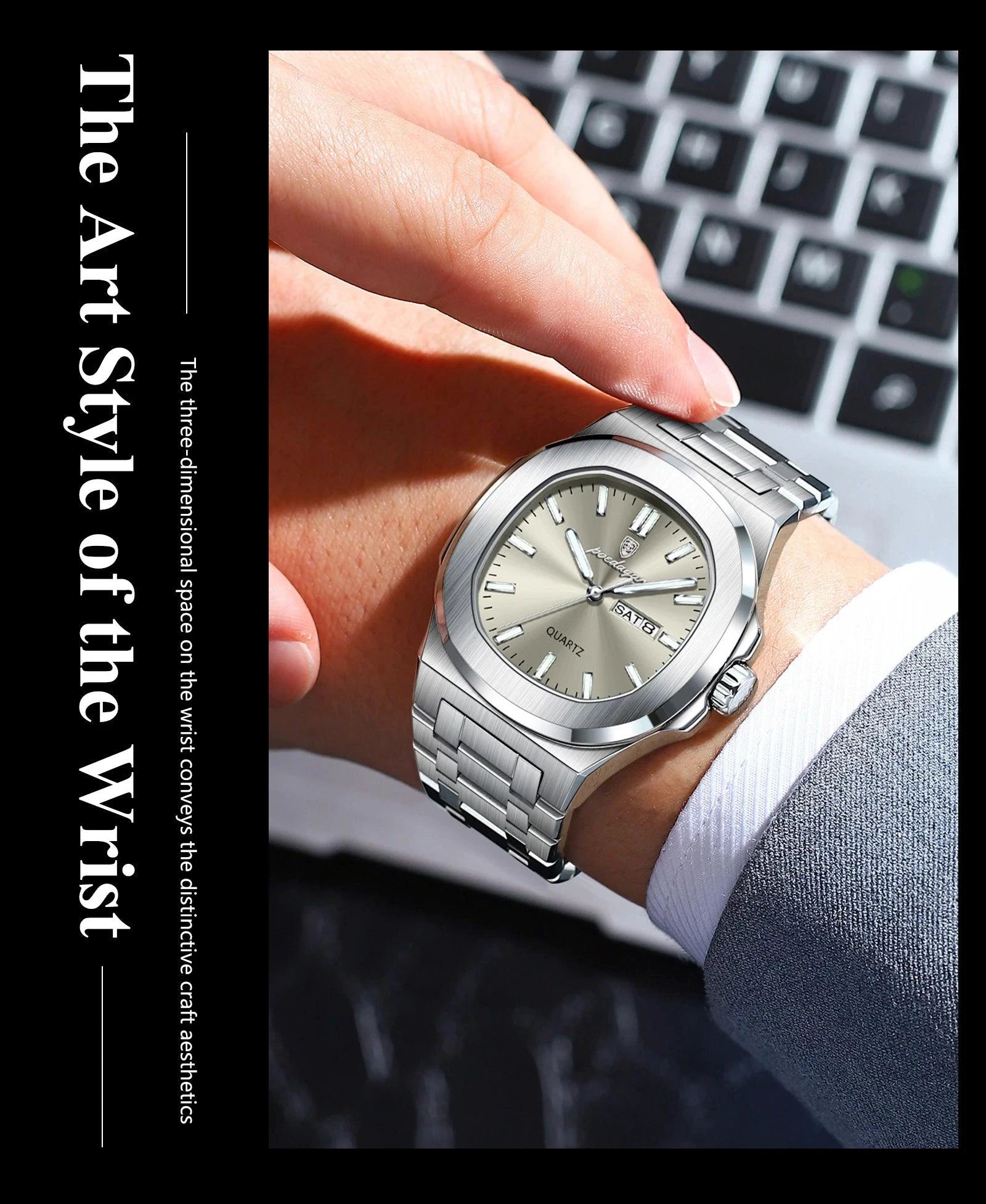 Mandotos POEDAGAR military square men's watch with stainless steel case, luminous dial, waterproof design, and date and week display.