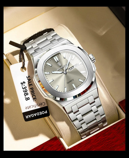 Mandotos POEDAGAR military square men's watch with stainless steel case, luminous dial, waterproof, date, week display, quartz movement.