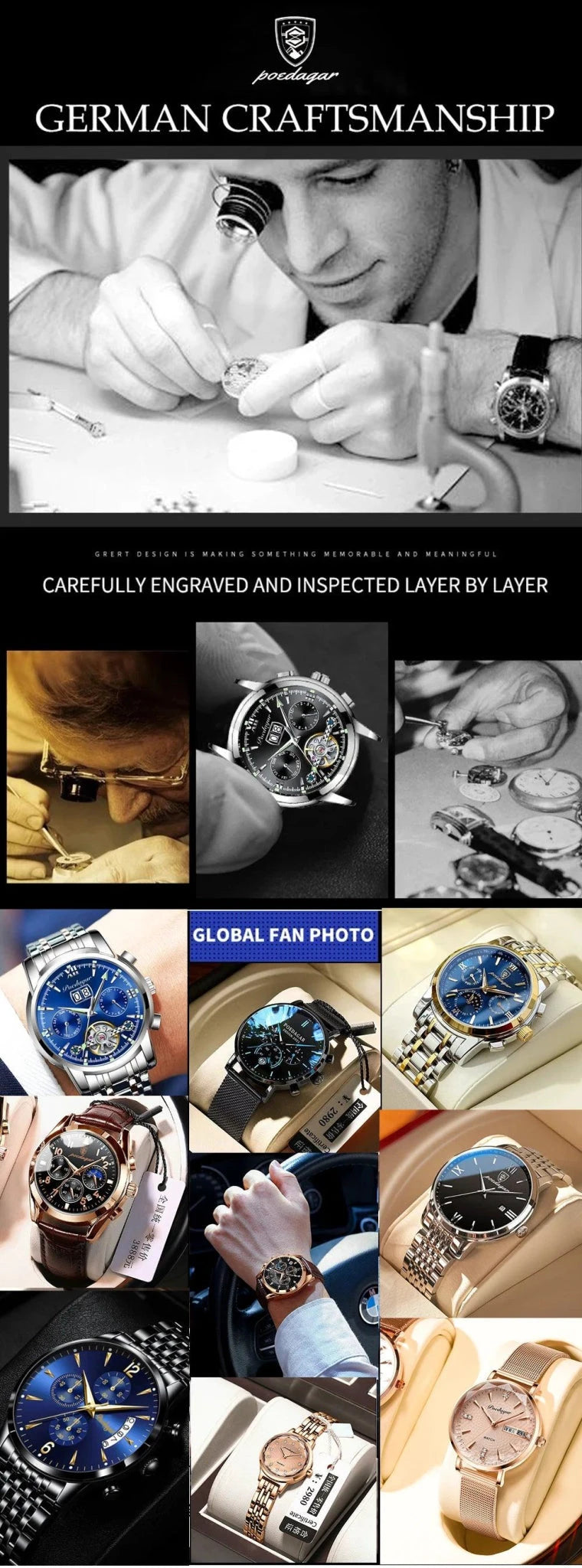 Mandotos POEDAGAR military square men's watch with stainless steel case, luminous dial, waterproof design, and date and week display.
