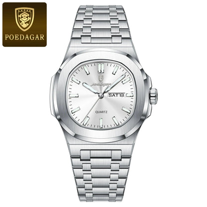 Mandotos POEDAGAR military square men's watch with stainless steel case, luminous dial, waterproof, date, and day display.
