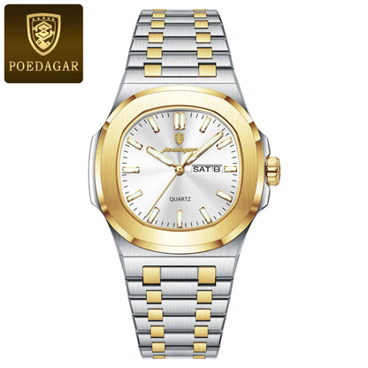 Mandotos POEDAGAR military square men's watch with stainless steel case, luminous dial, waterproof, date and week display, quartz movement.