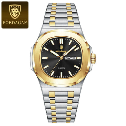 Mandotos POEDAGAR military square men's watch with waterproof stainless steel case, luminous dial, date, week display, and quartz movement.
