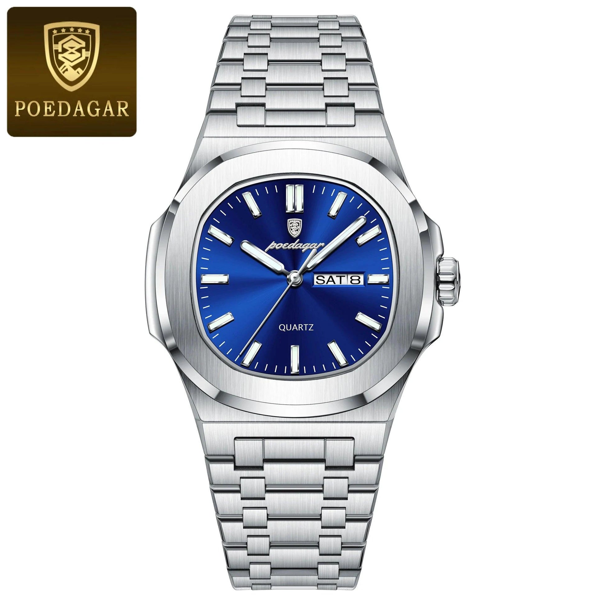 Mandotos POEDAGAR military square men's watch with stainless steel case, luminous dial, date, week display, and waterproof quartz movement.