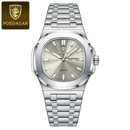 Mandotos POEDAGAR military square men's watch with stainless steel band, waterproof, luminous dial, date and week display.