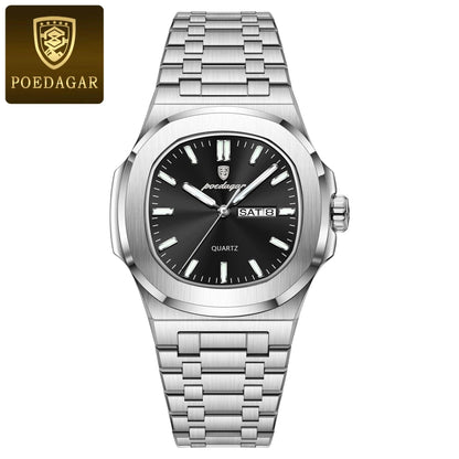 Mandotos POEDAGAR military square men's watch with waterproof stainless steel case, luminous dial, date, and week display.