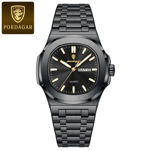 Mandotos POEDAGAR military square men's watch with stainless steel case, luminous dial, waterproof, date, and week display.