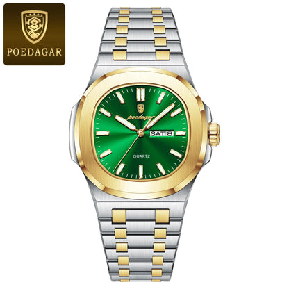 Mandotos POEDAGAR military square men's watch with stainless steel case, luminous dial, waterproof, and date and week display.