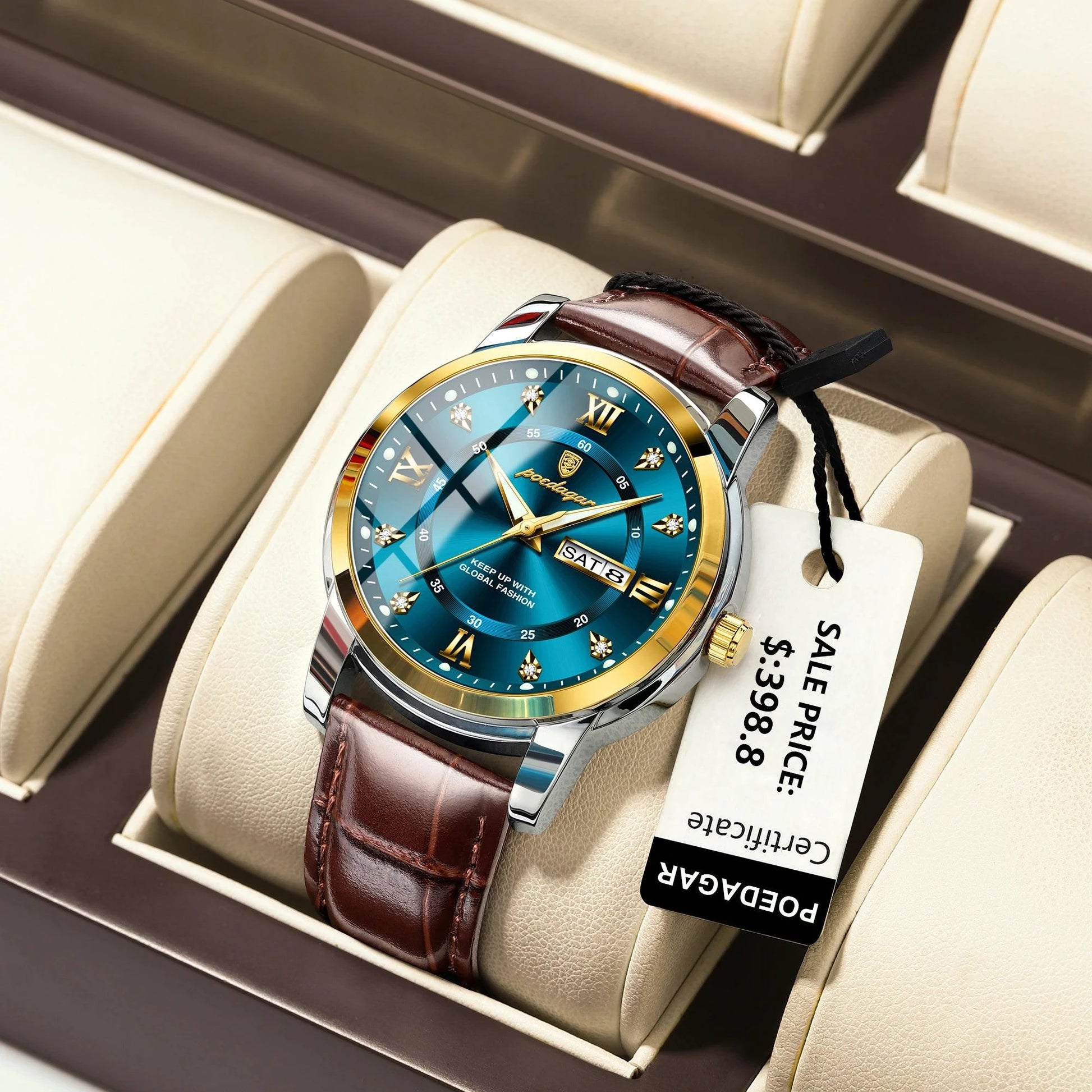 Mandotos POEDAGAR waterproof leather men's quartz watch with black dial and brown leather strap, stylish and durable timepiece.